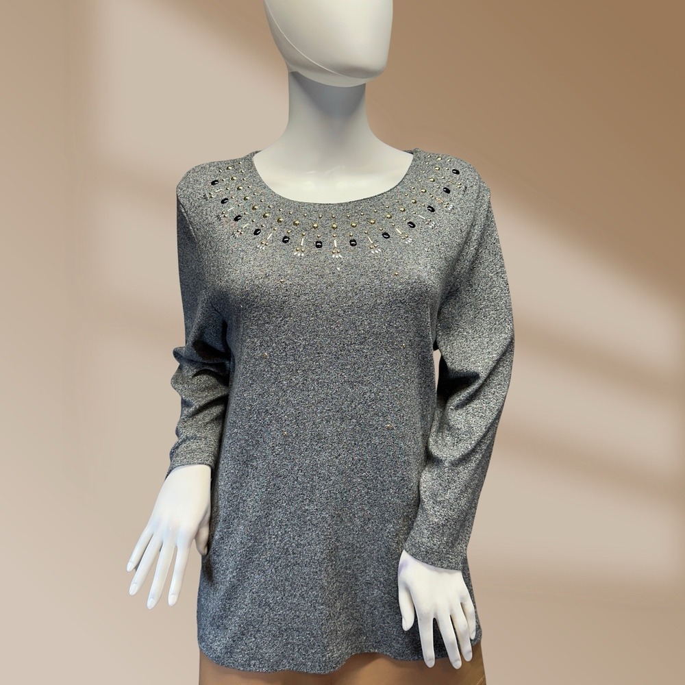 Rafella Ladies Gray Sweater Feel Long Sleeve Embellished Top Sz XL  NWOT